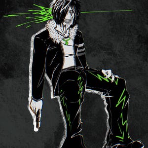 May include: Illustration of a seated figure in black clothing with green accents, holding a gun. The figure has black hair and a white face with a skeletal design. Green splatters emanate from the head.