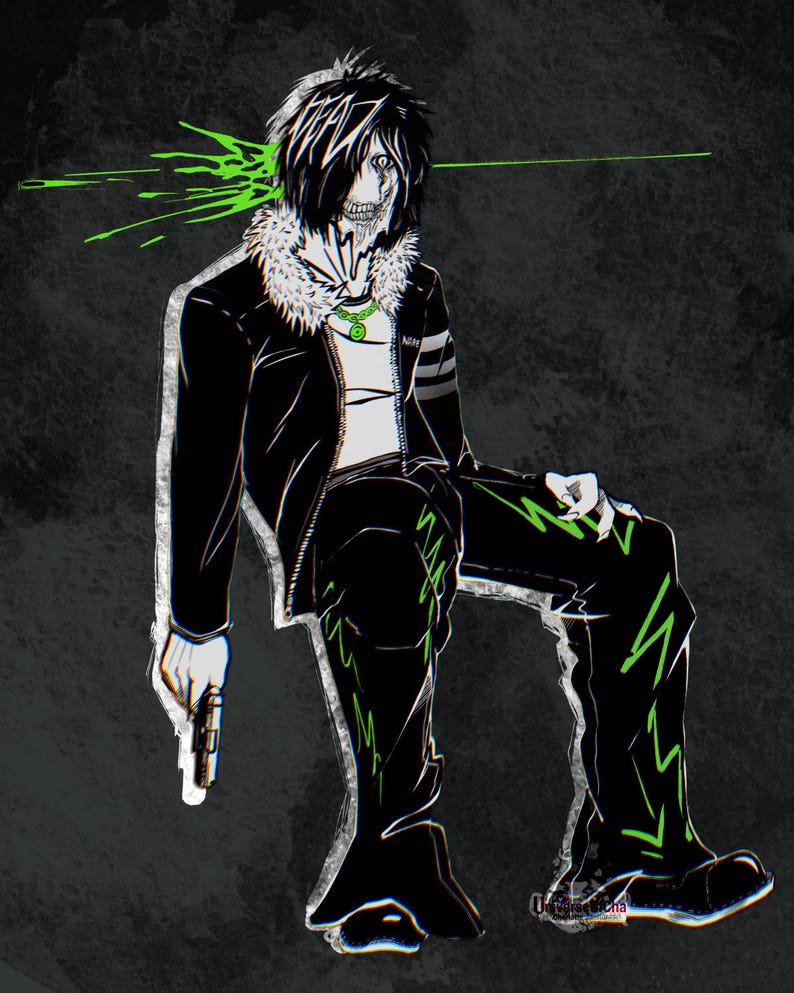 May include: Illustration of a seated figure in black clothing with green accents, holding a gun. The figure has black hair and a white face with a skeletal design. Green splatters emanate from the head.