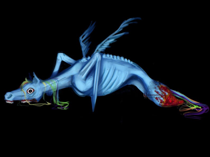 May include: A digital painting of a blue skeletal creature with wings, a horse-like head, and a long body. The creature has a red and rainbow-colored tail and is set against a black background. The word "UniverseDesign" is in the bottom right corner.