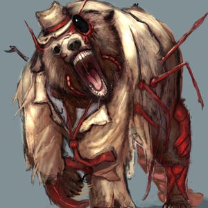 May include: Digital illustration of a grizzly bear with a torn suit and hat, with red appendages protruding from its body. The bear's mouth is open, revealing teeth, and one eye is black. The artwork has a horror theme.
