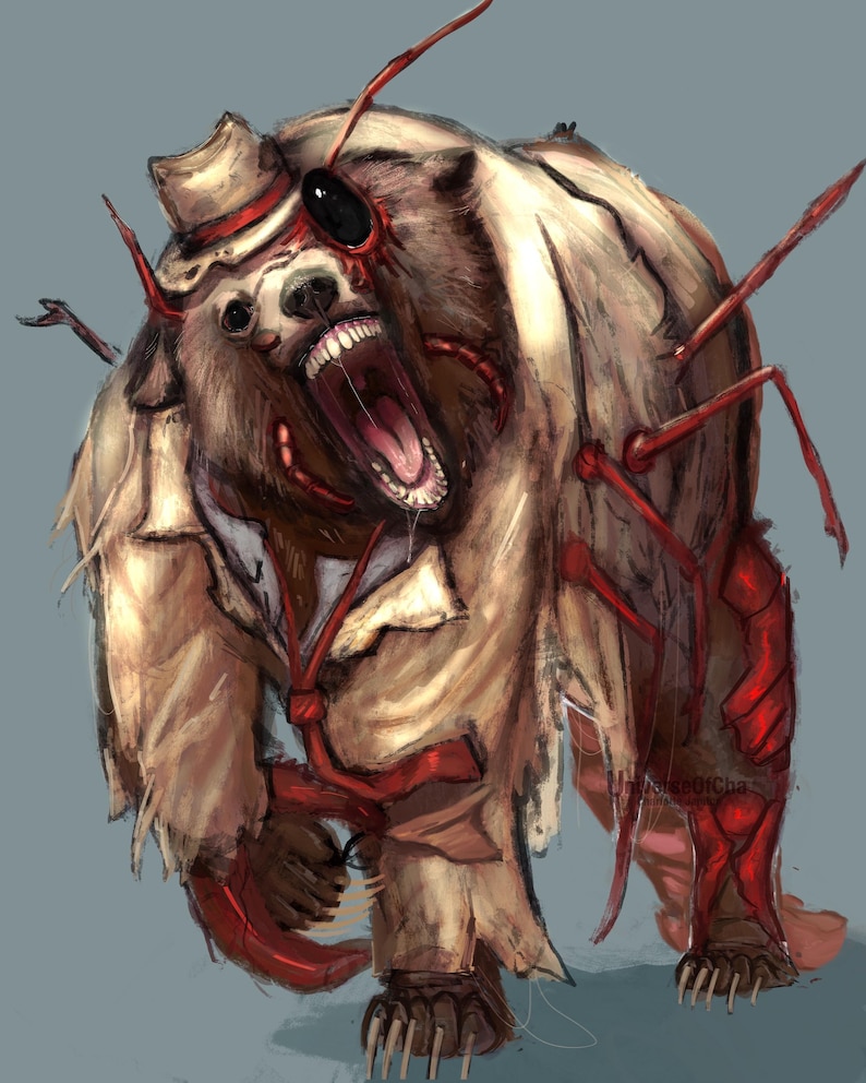 May include: Digital illustration of a grizzly bear with a torn suit and hat, with red appendages protruding from its body. The bear's mouth is open, revealing teeth, and one eye is black. The artwork has a horror theme.