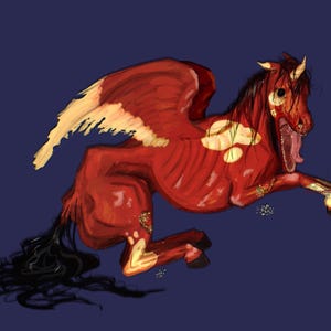 May include: A digital illustration of a red winged horse with a gaping mouth and exposed muscles. The wings are red and white, and the background is a dark blue. The horse is in a dynamic pose, as if running or leaping.