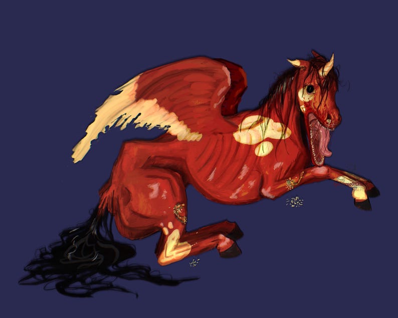 May include: A digital illustration of a red winged horse with a gaping mouth and exposed muscles. The wings are red and white, and the background is a dark blue. The horse is in a dynamic pose, as if running or leaping.