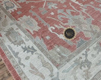 Handmade Oushak Wool Rug 9x12: Terracotta Red & Beige Vintage-Style Carpet
