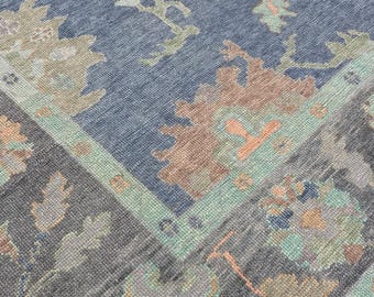 Handknotted Turkish Wool Rug 8x10: Faded Navy, Peach & Sage Vintage Style
