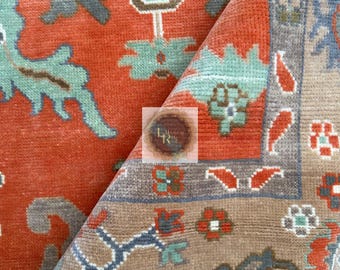 Oushak Rug 8x10: Modern Turkish Wool Area Rug, Orange Grey Beige