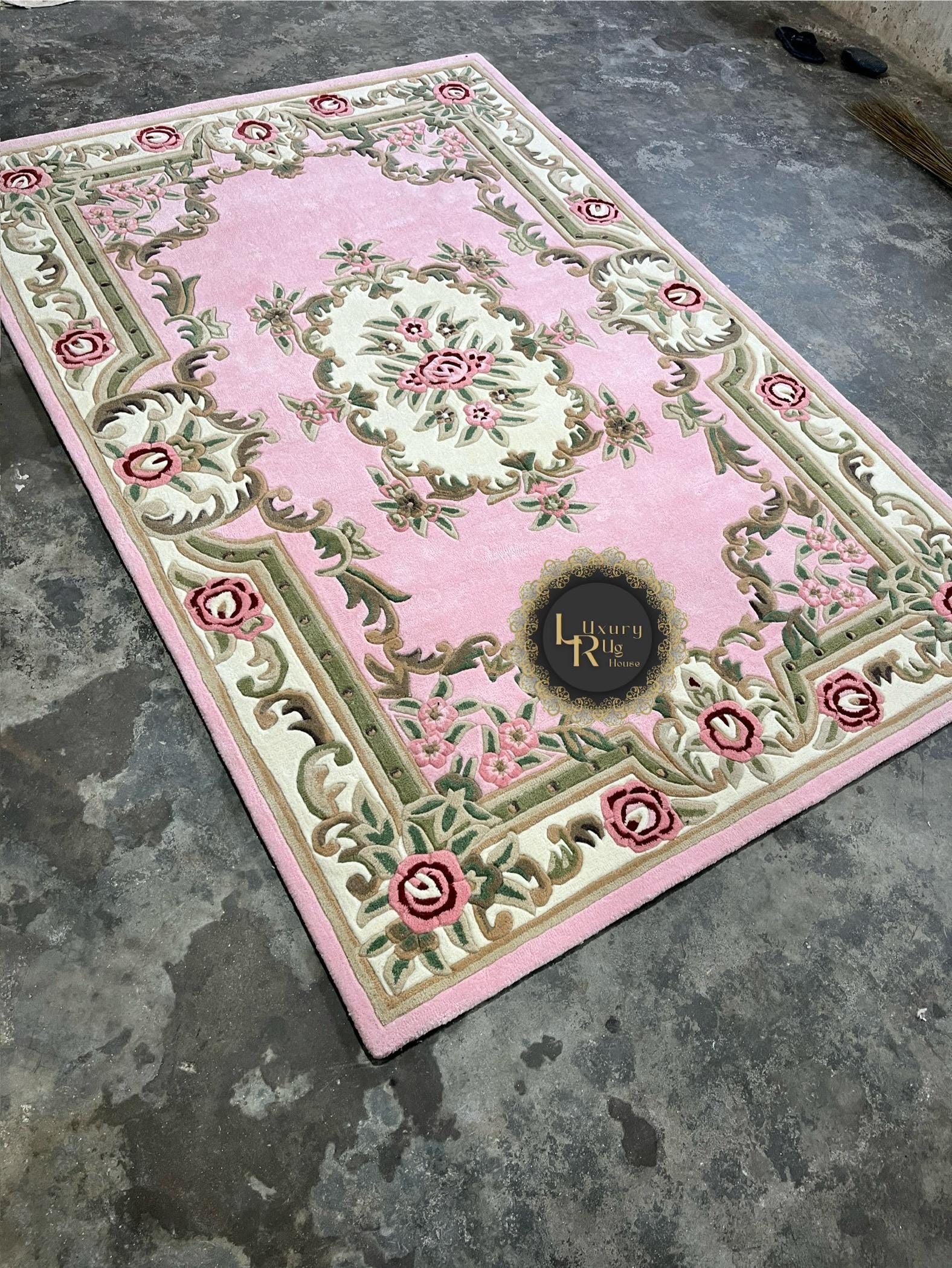 Handmade Tufted Floral Rug: Pink, Ivory & Sage Green Victorian Style ...