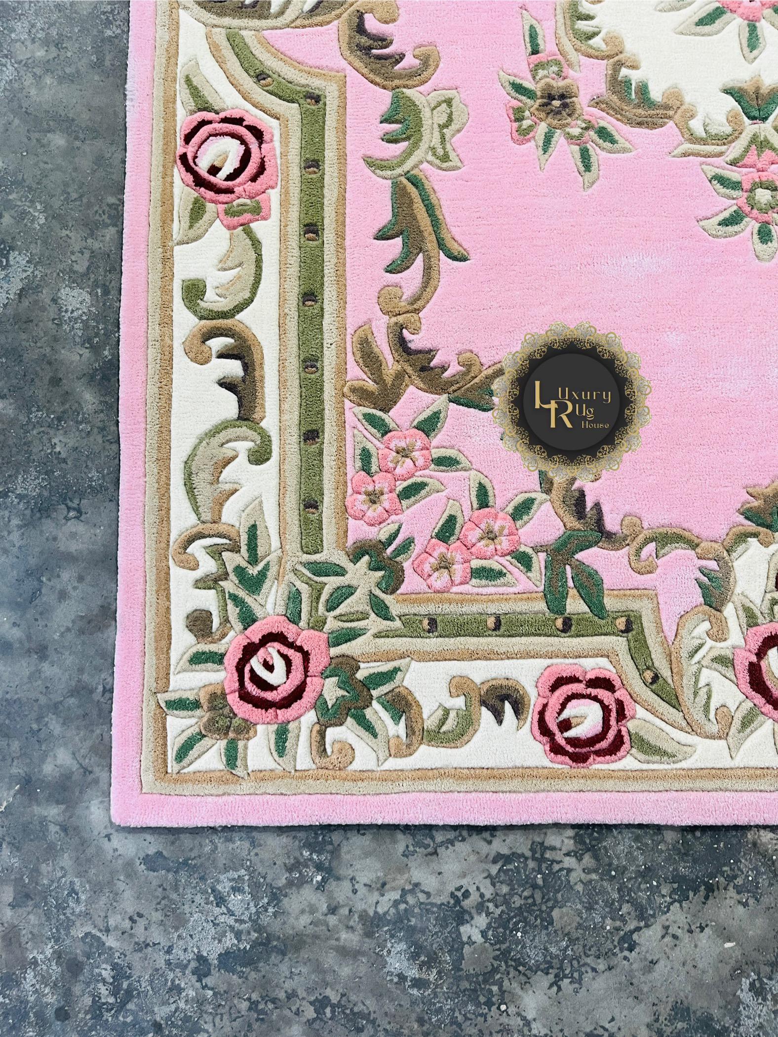 Handmade Tufted Floral Rug: Pink, Ivory & Sage Green Victorian Style ...