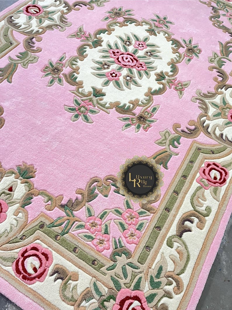 Pink Flowr Rug Pattern Handmade Tufted Floral Rug: Pink, Ivory & Sage Green Victorian Style ...