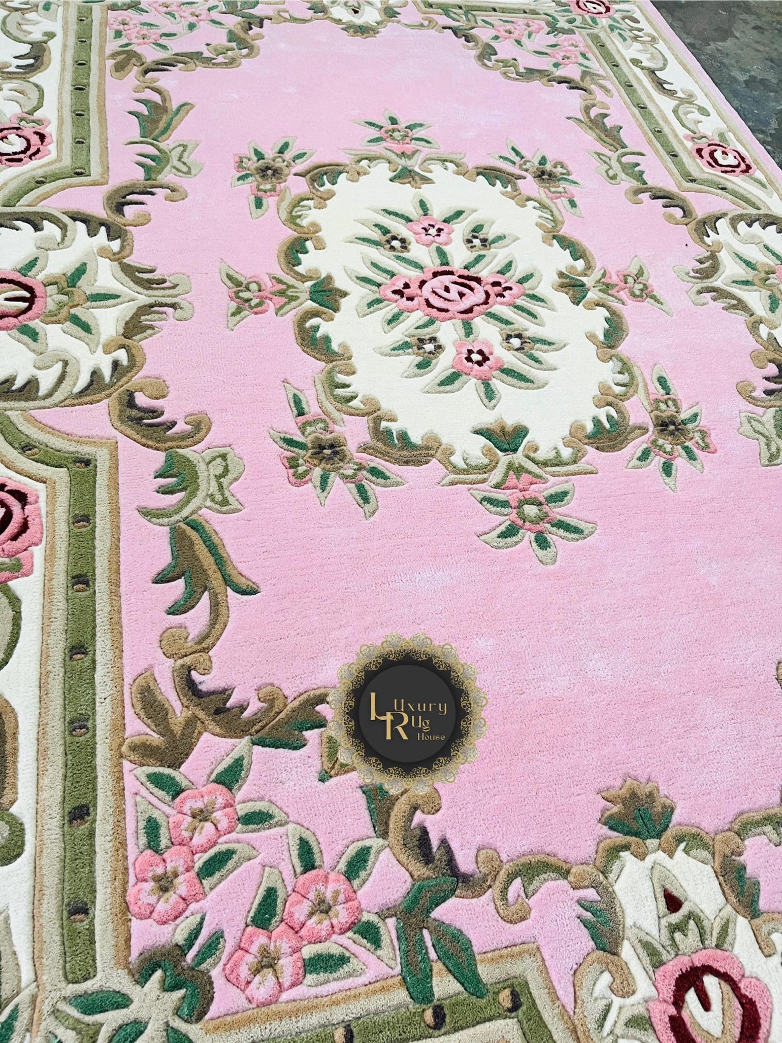 Handmade Tufted Floral Rug: Pink, Ivory & Sage Green Victorian Style ...