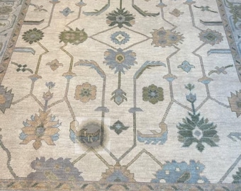 Hand-Knotted Oushak Rug 8x10: Light Beige Turkish Wool, Vintage Anatolian Style