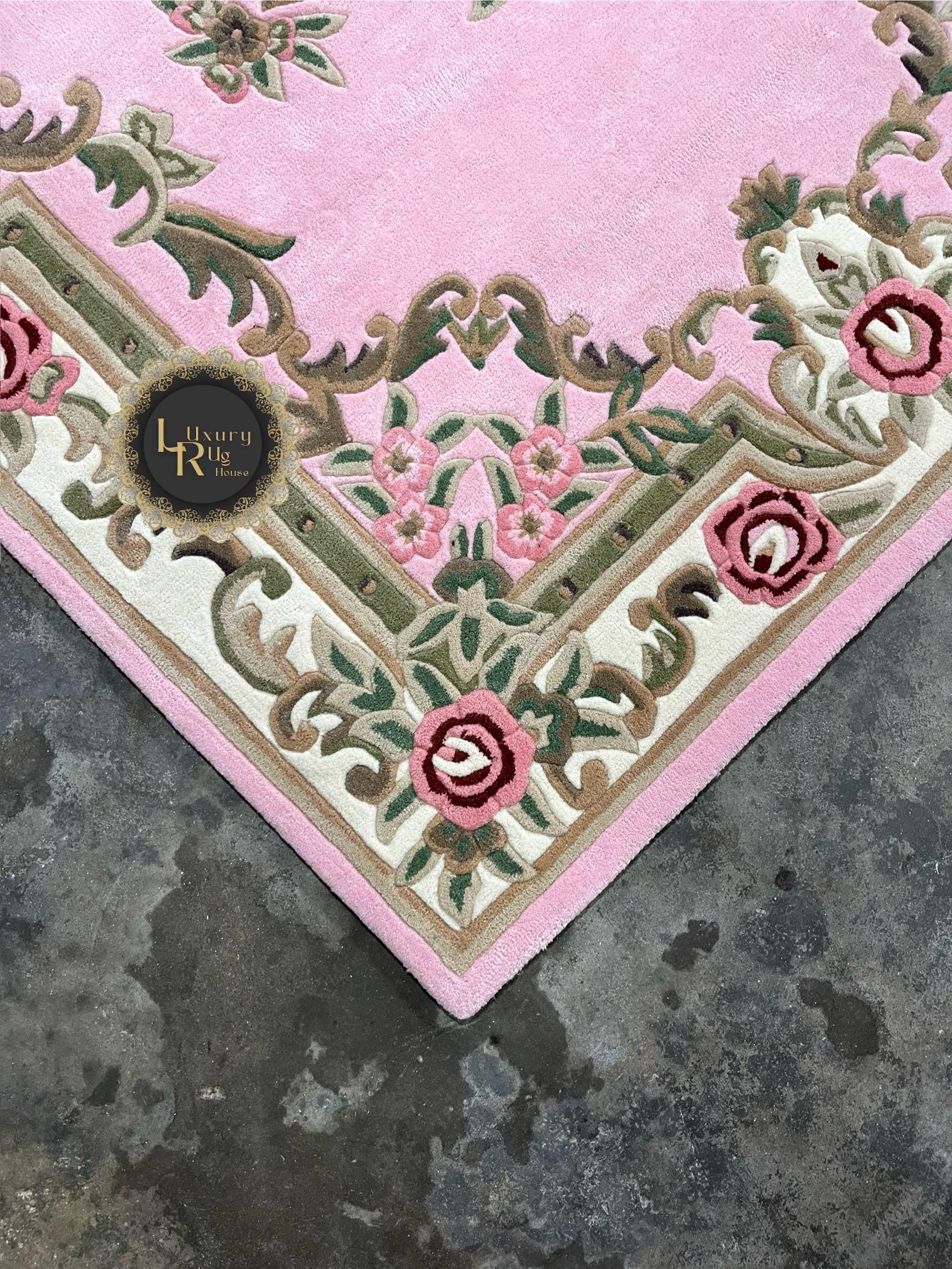 Handmade Tufted Floral Rug: Pink, Ivory & Sage Green Victorian Style ...