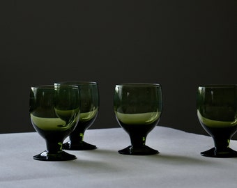 Vintage Dark Green Liqueur Glasses - Set of 4 | MCM Style Stem Glassware | Modernist Barware Schanpps Glasses