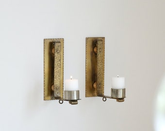 Hammered Brass Wall Sconce Candle Holders - Pair of 2 | Modern Rustic Candleholders