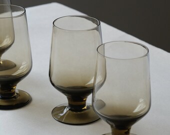 Vintage Amber Wine Glasses - Set of 4 | Modernist Smokey Glasses | Vintage Glassware