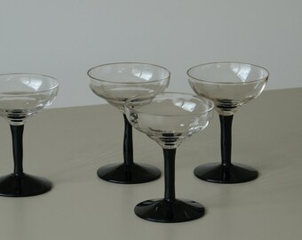 MCM Black Stem Sherry Glasses - Set of 4 | Vintage Modern Glassware | Mid Century Barware Liqueur Glasses