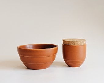 Höganäs Sweden Ceramic Bowl and Jar Set | Scandinavian Kitchenware Set | Terracotta Orange Kitchen Storage Set | Cork Lid Jar