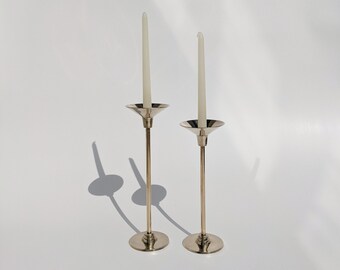 Modernist Style Brass Candleholders - Set of 2 | MCM Gradual Heights Candleholders | Brass Hollywood Regency Style Tall Candlestick Holder
