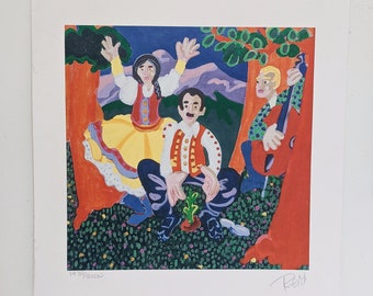 Heldere kleuren illustratieafdrukken | Kleurrijke etnische folklore kunst aan de muur | Gesigneerde kleurrijke kunstprint van onbekende kunstenaar - Set van 2
