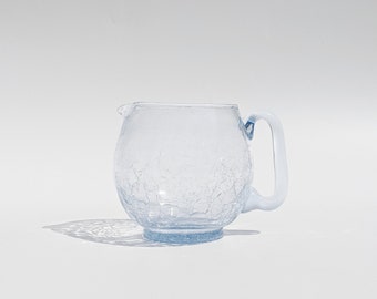 Vintage Crackled Ice Blue Glass Pitcher | Handblown Modernist Glass Pitcher with Applied Handle | Crackle Glass MCM Style Pitcher