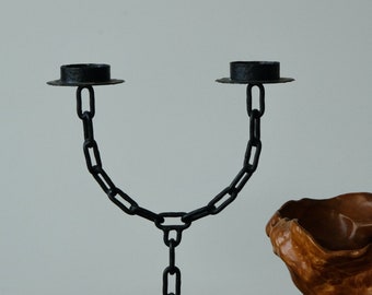 Modernist Two Arms Chain Candle Holder| Brutalist Candle Holder | Wrought Iron Chain Candleholder