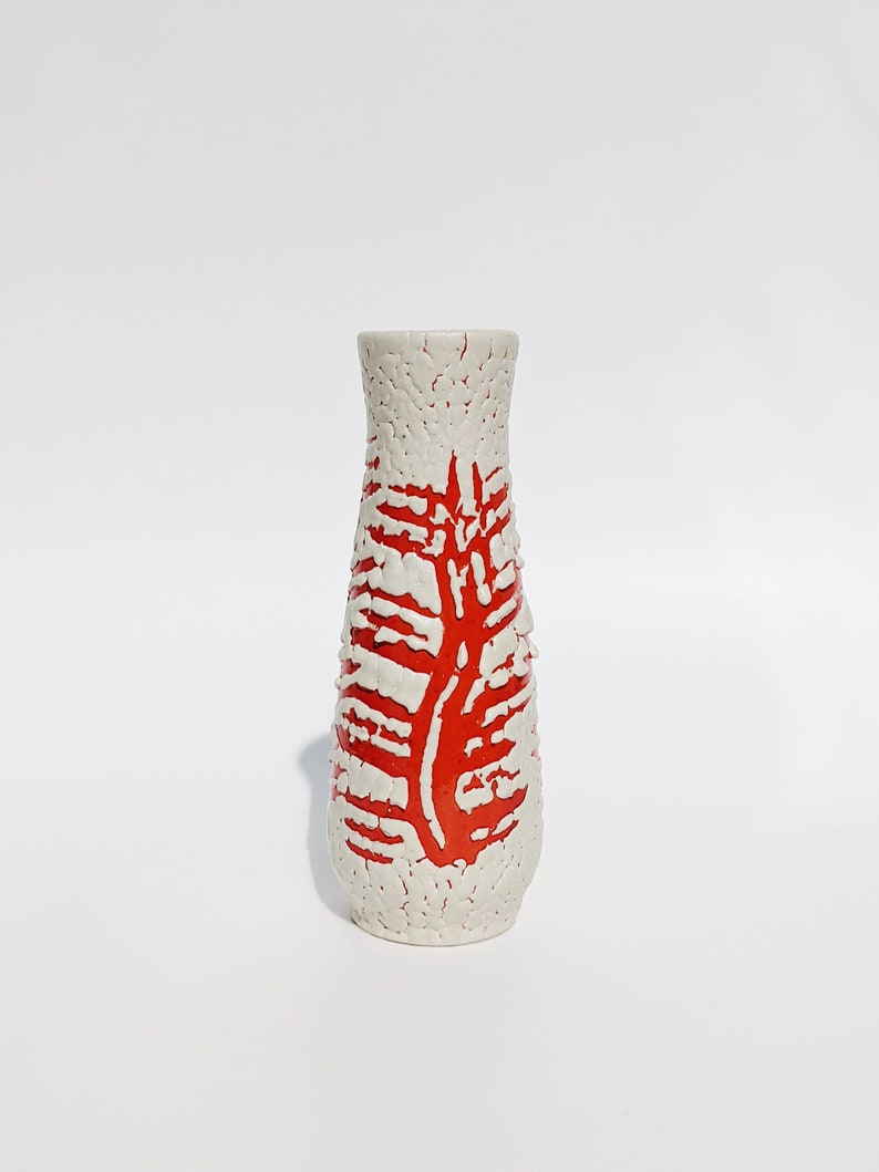 Vintage Tófej Textured Ceramic Vase Hungarian Bright Red-Orange and White Lava Style Pottery Vase Modernist Tall Vase MCM Ceramic Vase image 3