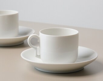 Vintage White Porcelain Ceramic Espresso Cups - Set of 2 | Elegant Minimalist Coffee Set | Modern Porcelain Coffee Cup and Saucer