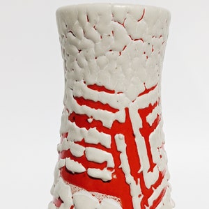 Vintage Tófej Textured Ceramic Vase Hungarian Bright Red-Orange and White Lava Style Pottery Vase Modernist Tall Vase MCM Ceramic Vase image 4