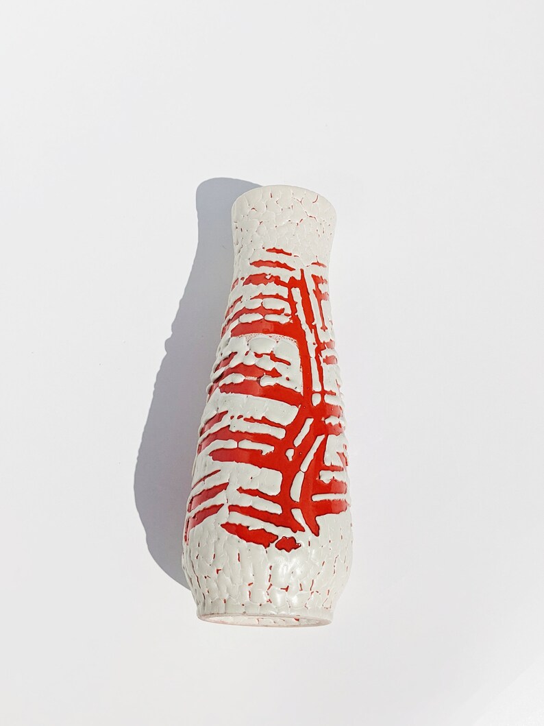 Vintage Tófej Textured Ceramic Vase Hungarian Bright Red-Orange and White Lava Style Pottery Vase Modernist Tall Vase MCM Ceramic Vase image 7