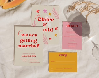 Colorido conjunto de invitaciones de boda con temática retro / Suite de bodas florales imprimibles / Plantilla de invitación de descarga digital moderna editable / CLAIRE