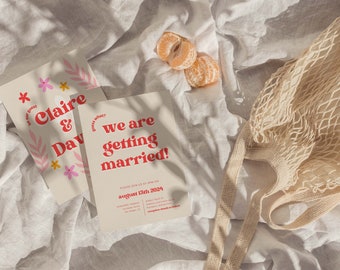 Colorful Retro Themed Wedding Invitation | Printable Floral Wedding Invitations | Editable Modern Digital Download Invite Template | CLAIRE