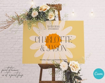 Panneau de bienvenue pour mariage amusant et lumineux | Panneau de bienvenue floral audacieux modifiable | Tableau de bienvenue imprimable pour mariage pastel marguerite | CHARLOTTE