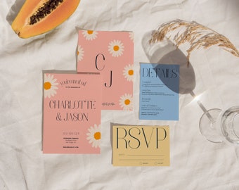 Colorful & Bright Wedding Invitation Set | Vibrant 1950s Floral Wedding Suite | Unique Editable Digital Download Invite Template | CHARLOTTE