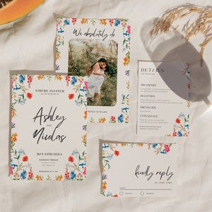 Wildflower Wedding Invitation Set | Fun and Bright Floral Wedding Suite | Editable Modern Digital Download Invite Template | ASHLEY