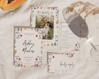 Wildflower Wedding Invitation Set | Fun and Bright Floral Wedding Suite | Editable Modern Digital Download Invite Template | ASHLEY