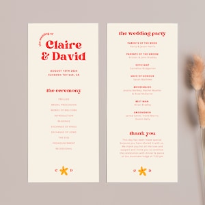 Puede incluir: Programa de la ceremonia de boda con un esquema de color rojo y blanco. El programa enumera el orden de los eventos de la ceremonia y la fiesta de bodas. El programa también incluye un mensaje de agradecimiento a los invitados.