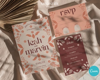 Floral Wedding Invitation Set | Fun and Unique Botanical Wedding Suite | Editable Modern Digital Download Invite Template | LEAH