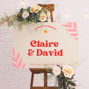 Cartello di benvenuto per matrimonio retrò colorato / Cartello di benvenuto floreale moderno modificabile / Pannello di benvenuto per matrimonio in stile anni &#39;70 stampabile / CLAIRE