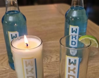 WKD Blue upcycled bottle glass Made into a candle with crackle wick