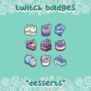 Blue Dessert Pixel Art, Twitch Bit/Sub Badges, Emotes