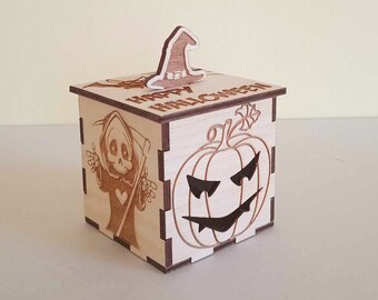 Handgemaakte grenen halloweendoos, gegraveerd pompoendecor
