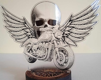 Motorcycle skull statue. Motorcycle figurine decor.  personalized gift. gift for biker, skull decor