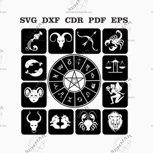 May include: Black and white graphic design of the 12 zodiac signs in a circle with a pentagram in the center. The signs are arranged in a circle around the pentagram. Each sign is in a separate square. The signs are: Aquarius, Capricorn, Sagittarius, Scorpio, Pisces, Aries, Taurus, Gemini, Cancer, Leo, Virgo, and Libra.