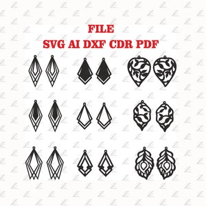 May include: A digital download of SVG, AI, DXF, CDR, and PDF files for laser cutting earrings. The design includes three different earring styles: geometric, floral, and feather.