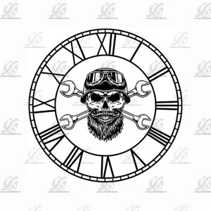 May include: Black and white illustration of a skull wearing a helmet and goggles with crossed wrenches behind it. The skull has a beard and is set inside a clock face.