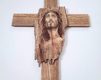 YI Boutique Croix murale faite à la main, croix catholique de 20,3 cm, avec chapelet en bois, crucifix mural, crucifix mural en bois pour mur, croix murale Jésus chrétien