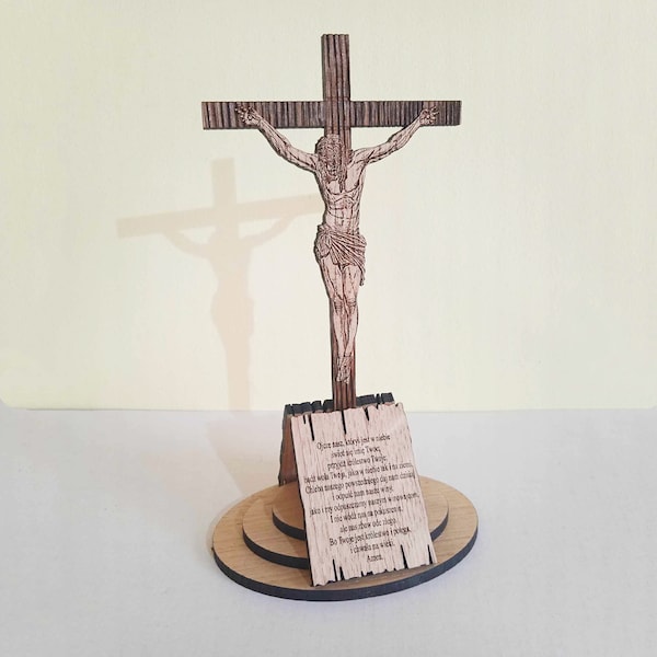 handmade double-sided standing cross. Crucifixion. Our Father prayer. religious shelf decor. handmade wooden crucifix.
