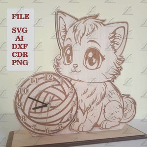 table clock cat svg. file for laser cutting. laser projects clocks children's room decor. clock digital file. cricut cut file