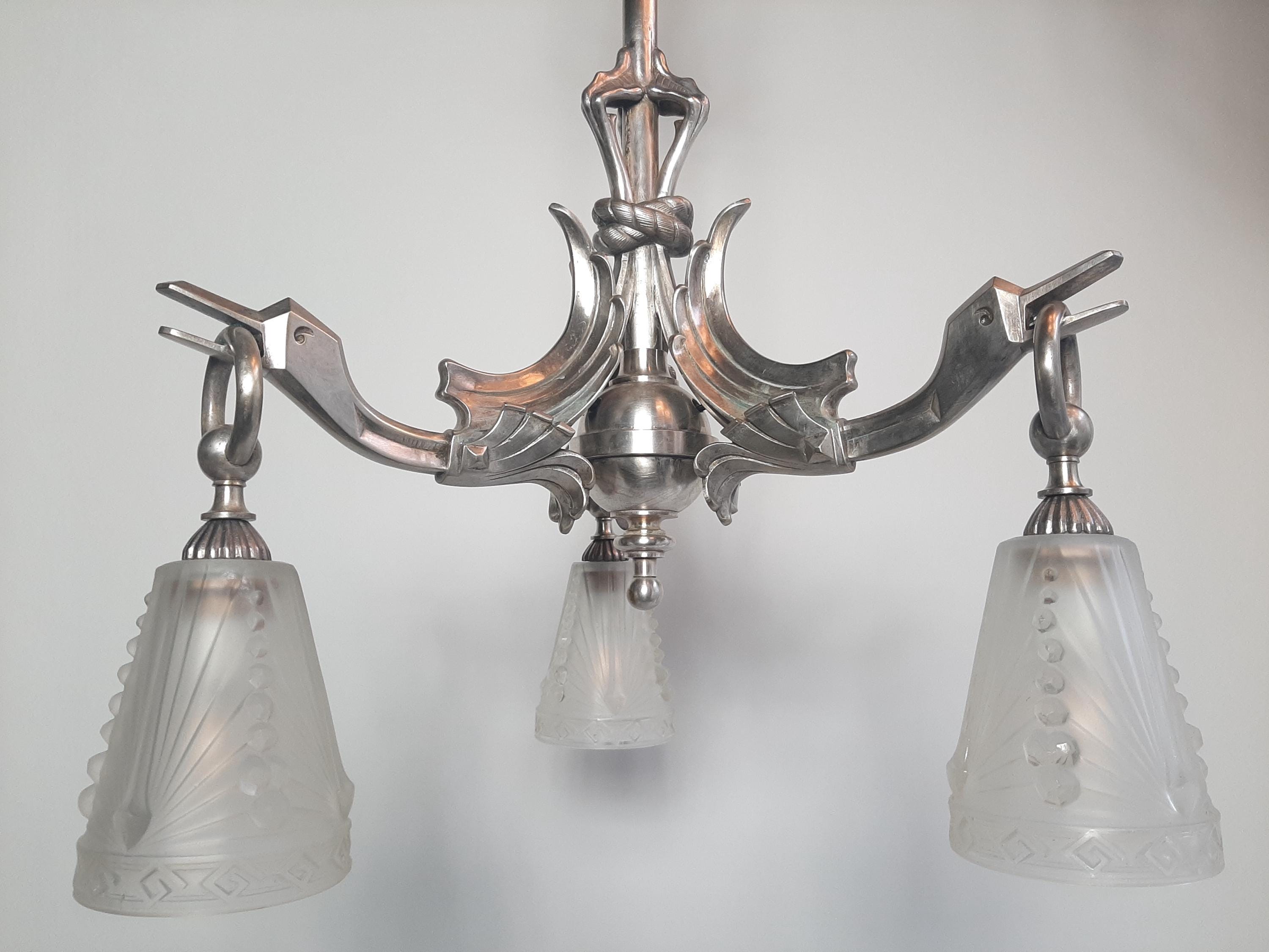 Art Deco ceiling lamp in nickel-plated bronze, Charles Schneider Paris 1920 Art Deco