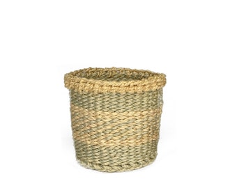 Round Natural and Gray Plant Pot Cover | Small Item Storage Basket | Handwoven, Ethical, One of a Kind Little Basket